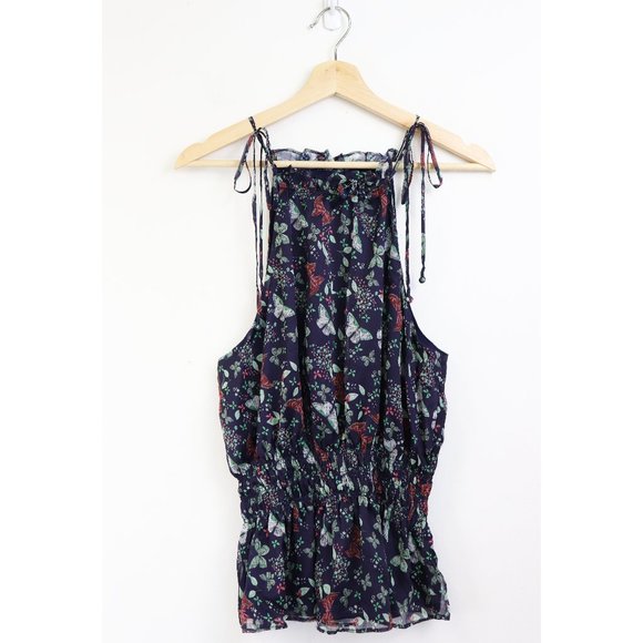 Tularosa Tops - Tularosa Butterfly Print Sleeveless Smocked Halter Tie Top Navy Blue Small